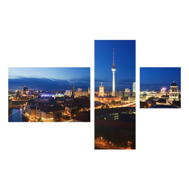Glasbild Skyline Fernsehturm bei Nacht Collage
