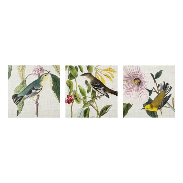 Wandbilder Blumen Vögel auf Leinen Set I