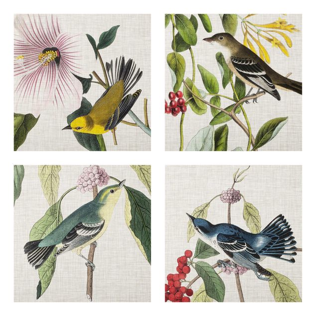 Wandbilder Blumen Vögel auf Leinen Set II