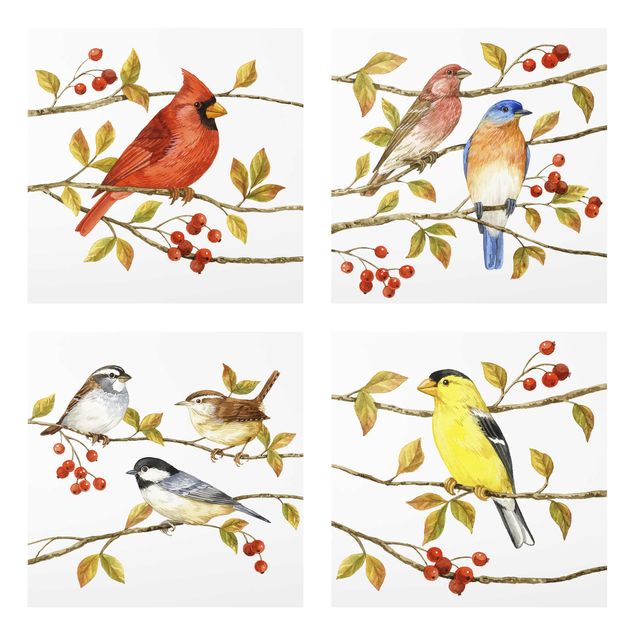 Wandbilder Retro Vögel und Beeren Set II