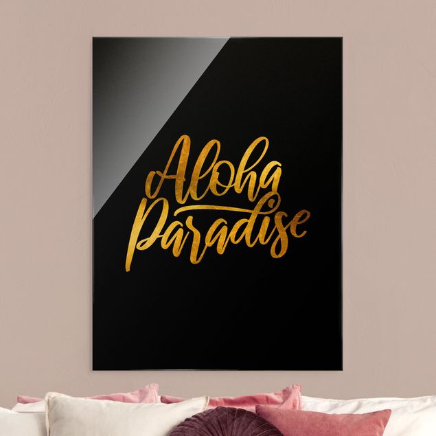 Glasbilder Sprüche Gold - Aloha Paradise auf Schwarz