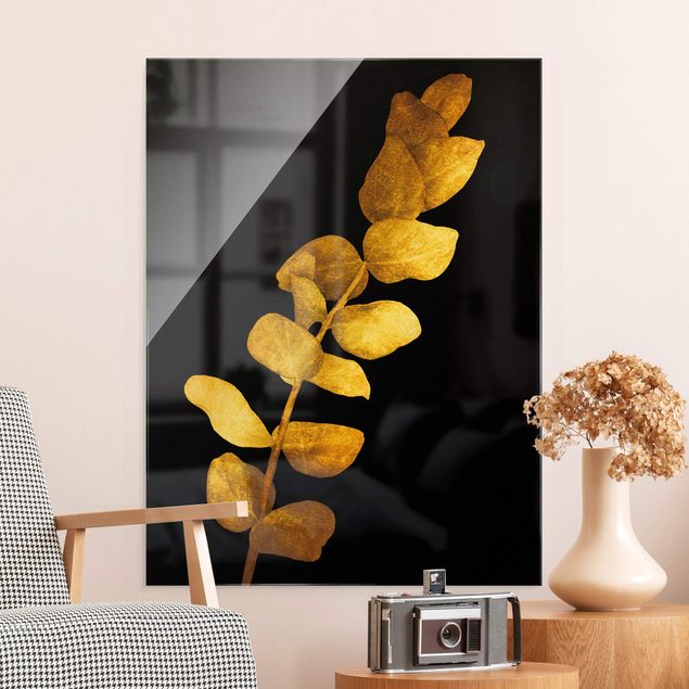Glasbilder Blumen Gold - Eukalyptus auf Schwarz