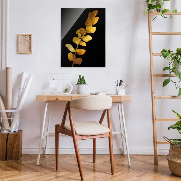 Wandbilder Floral Gold - Eukalyptus auf Schwarz