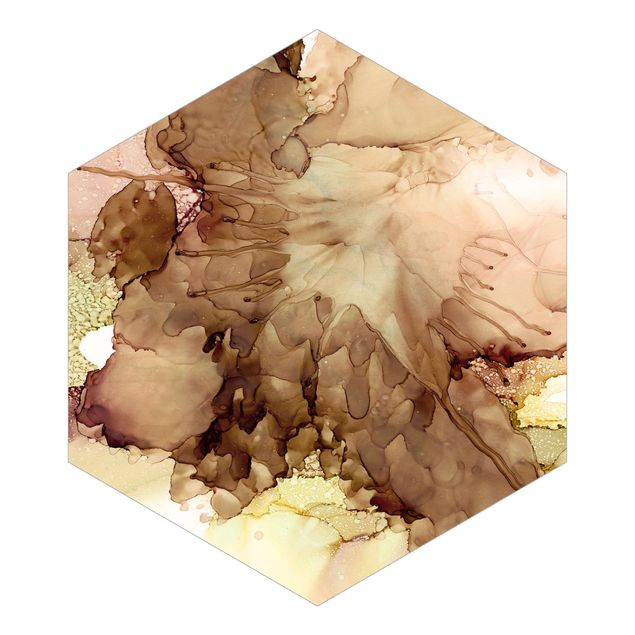 Hexagon Mustertapete selbstklebend - Goldbraune Explosion I
