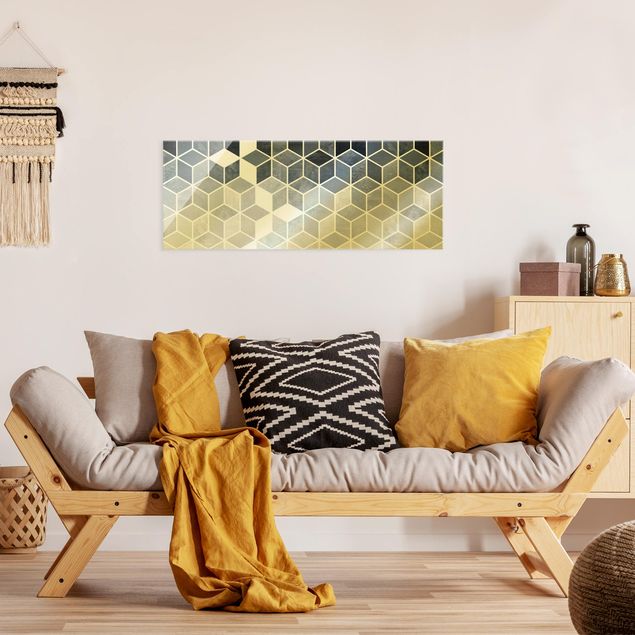 Wandbilder Muster Goldene Geometrie - Blau Weiß
