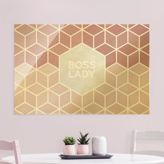 Glasbild mit Spruch Boss Lady Sechsecke Rosa