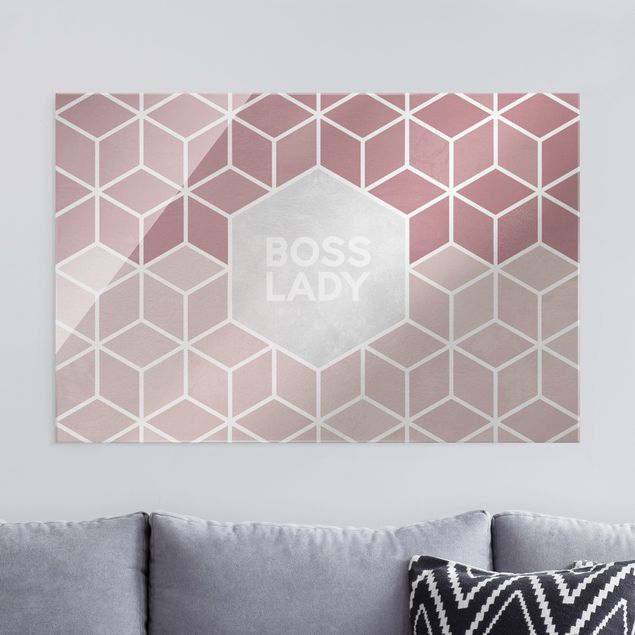 Glasbild mit Spruch Boss Lady Sechsecke Rosa