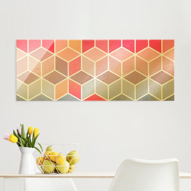 Glasbilder Abstrakt Goldene Geometrie - Buntes Pastell