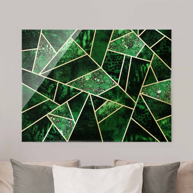 Glasbild Abstakt Goldene Geometrie - Dunkler Smaragd
