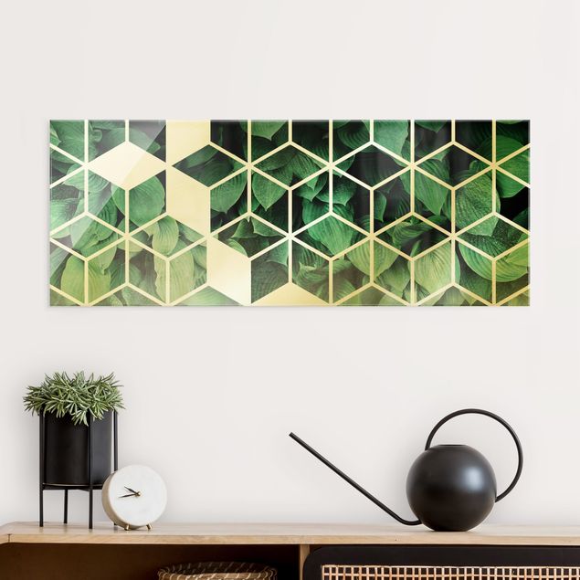abstrakte Glasbilder Goldene Geometrie - Grüne Blätter
