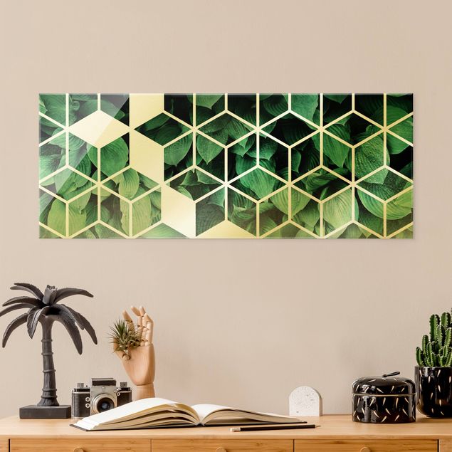 Wandbilder Kunstdrucke Goldene Geometrie - Grüne Blätter