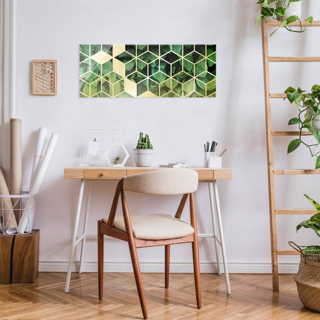 Wandbilder Muster Goldene Geometrie - Grüne Blätter