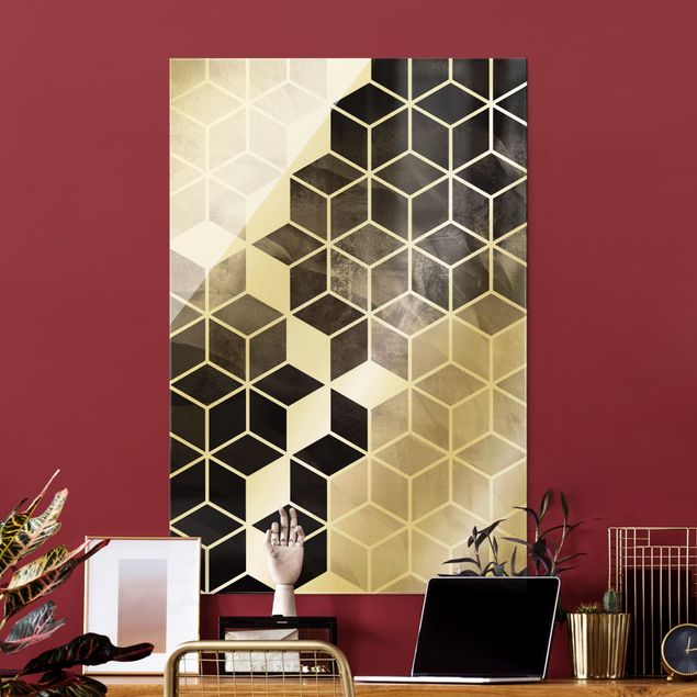Glasbilder Abstrakt Goldene Geometrie - Schwarz Weiß