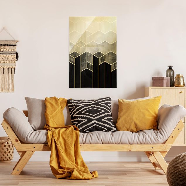 Wandbilder Kunstdrucke Goldene Geometrie - Sechsecke Schwarz Weiß