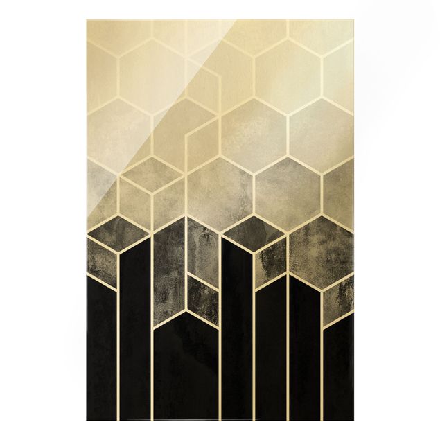 Wandbilder Schwarz-Weiß Goldene Geometrie - Sechsecke Schwarz Weiß
