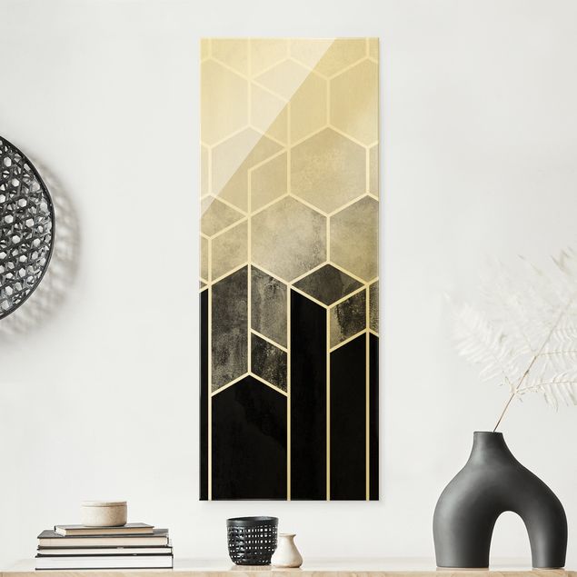 Wanddeko Küche Goldene Geometrie - Sechsecke Schwarz Weiß