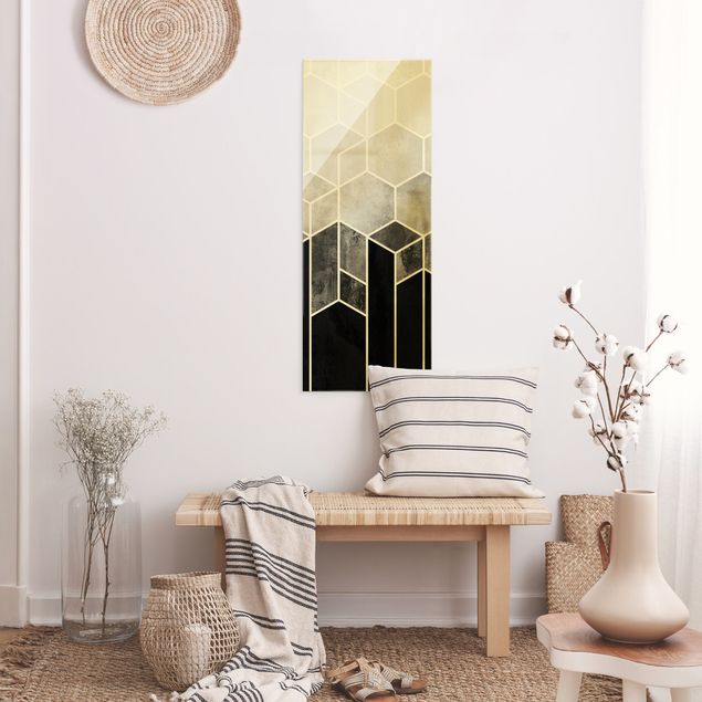 abstrakte Glasbilder Goldene Geometrie - Sechsecke Schwarz Weiß