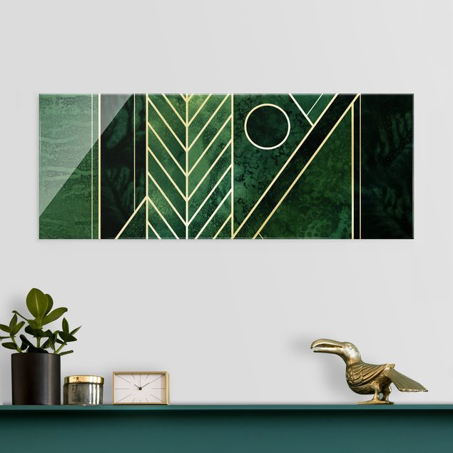 Glasbilder Abstrakt Goldene Geometrie - Smaragd