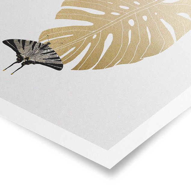 Kunstdrucke Poster Goldene Monstera mit Schmetterling