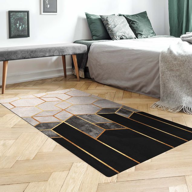 Teppich abstrakt Goldene Sechsecke Schwarz Weiß
