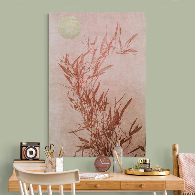 Wandbilder Landschaften Goldene Sonne mit Rosa Bambus