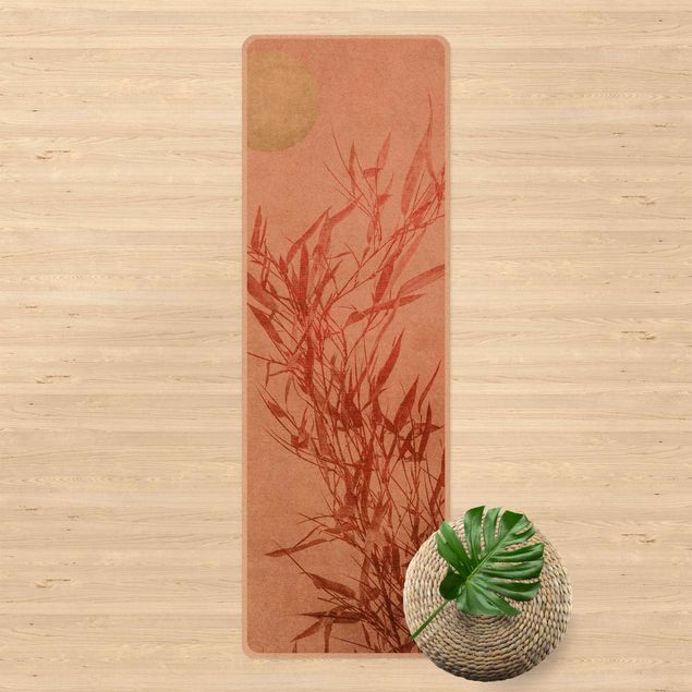 Teppich Bambusoptik Goldene Sonne mit Rosa Bambus