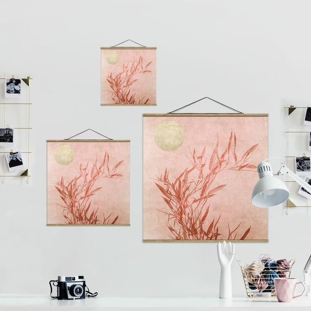 Wandbilder Modern Goldene Sonne mit Rosa Bambus