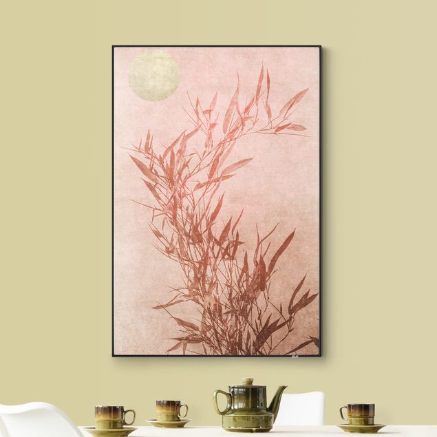 Wandbilder Kunstdrucke Goldene Sonne mit Rosa Bambus