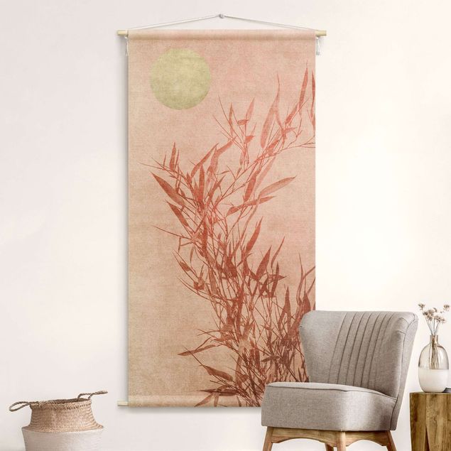 Wandteppich Kunst Goldene Sonne mit Rosa Bambus