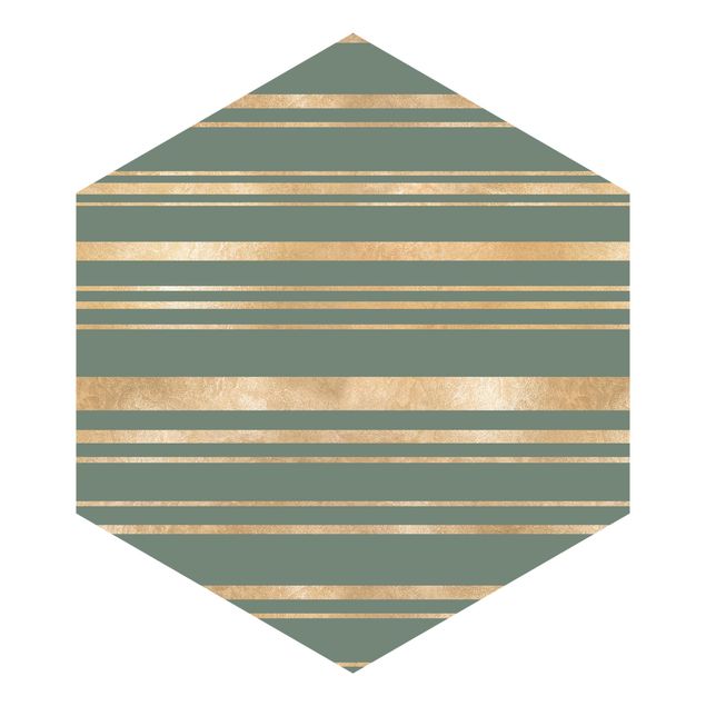 Hexagon Mustertapete selbstklebend - Goldene Streifen vor Grün