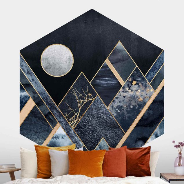 Wanddeko Küche Goldener Mond abstrakte schwarze Berge