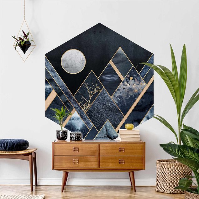 Muster Tapete Goldener Mond abstrakte schwarze Berge