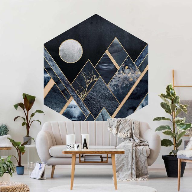 moderne Fototapete Goldener Mond abstrakte schwarze Berge