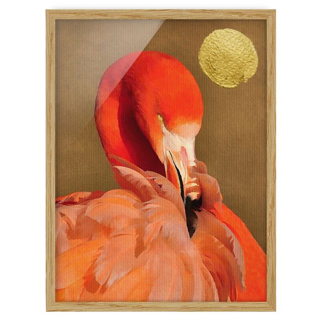 Wandbilder Modern Goldener Mond mit Flamingo