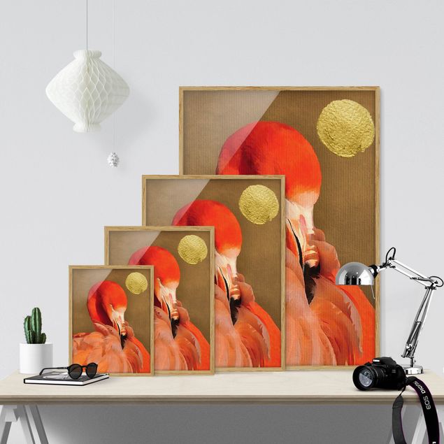 Wandbilder Rot Goldener Mond mit Flamingo