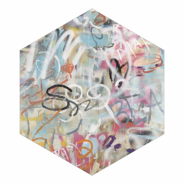 Hexagon Mustertapete selbstklebend - Graffiti Love in Pastell