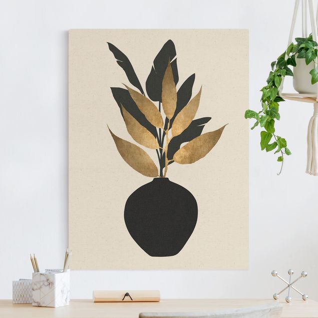 Wanddeko Küche Grafische Pflanzenwelt - Gold und Schwarz