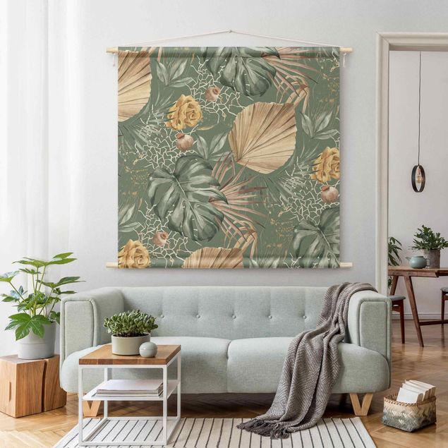 Wandbehang modern Große Blätter mit Rosen vor Grün