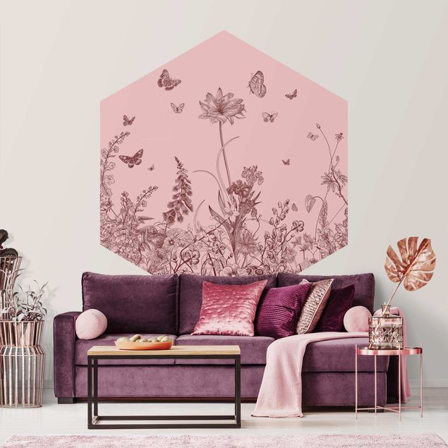 moderne Fototapete Große Blumen mit Schmetterlingen auf Rosa