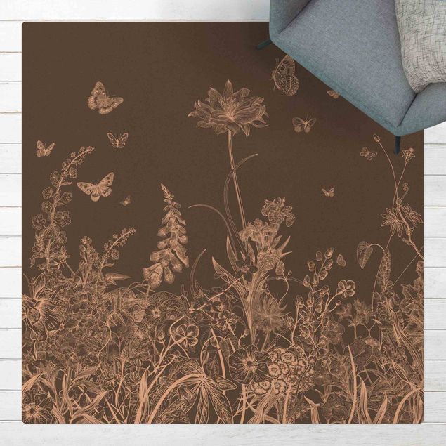 Moderne Teppiche Große Blumen mit Schmetterlingen in Grau