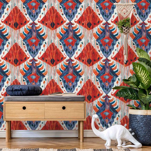 Tapeten mit Muster Großes Ikat Muster Bali rot und blau