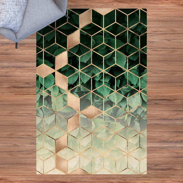 Teppich modern Grüne Blätter goldene Geometrie