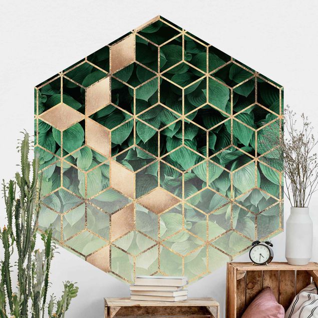 geometrische Tapete Grüne Blätter goldene Geometrie