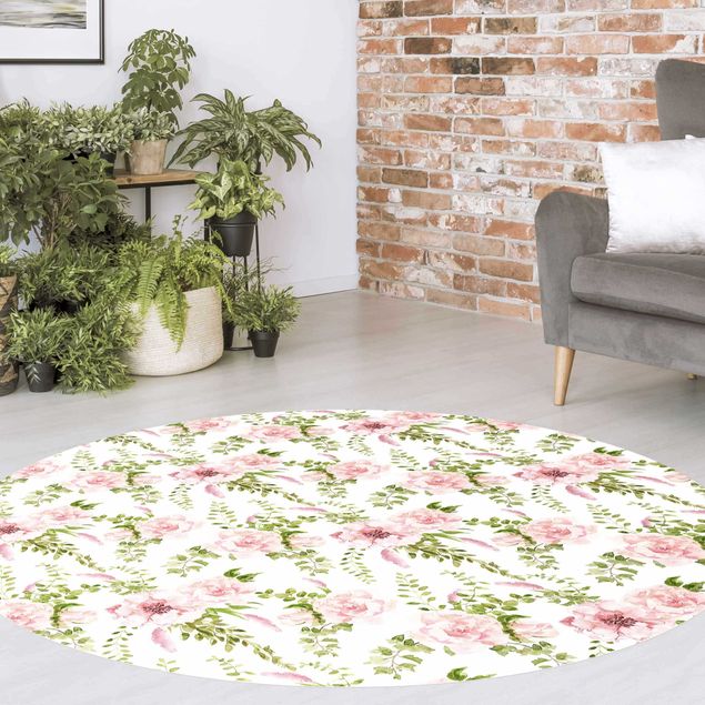 Moderne Teppiche Grüne Blätter mit Rosa Blüten in Aquarell