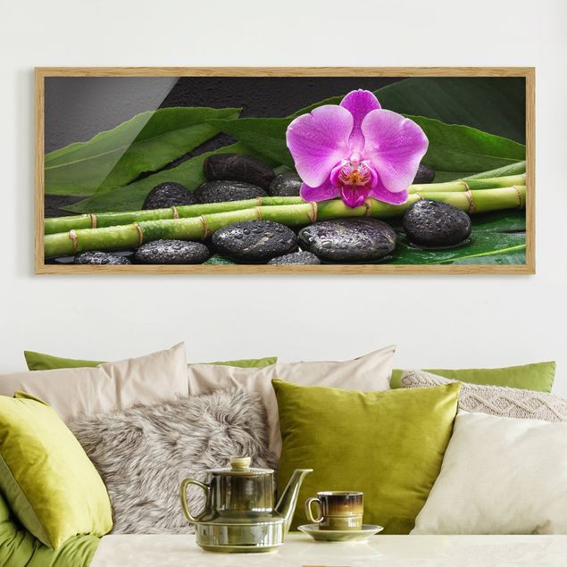Wandbilder Orchideen Grüner Bambus mit Orchideenblüte