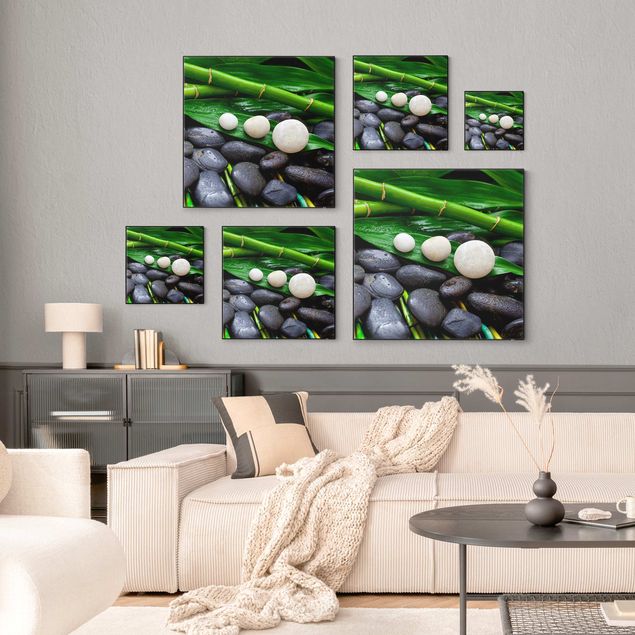 Wandbilder Grün Grüner Bambus mit Zen Steinen