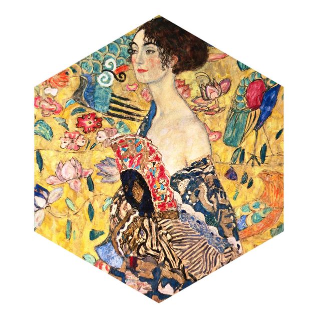 Fototapete gelb Gustav Klimt - Dame mit Fächer