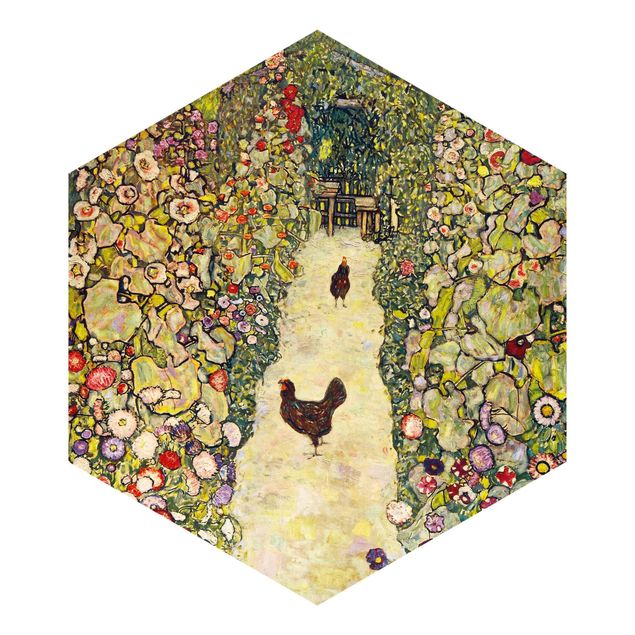Hexagon Tapete Gustav Klimt - Gartenweg mit Hühnern