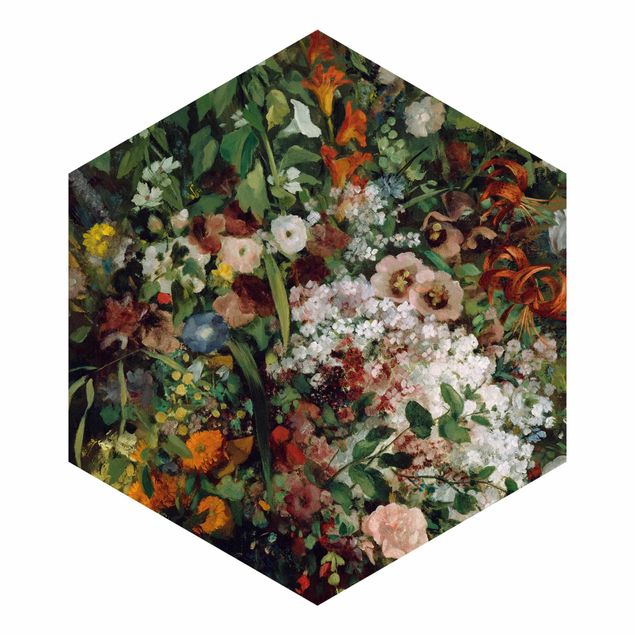 Hexagon Tapete Gustave Courbet - Blumenstrauß in Vase