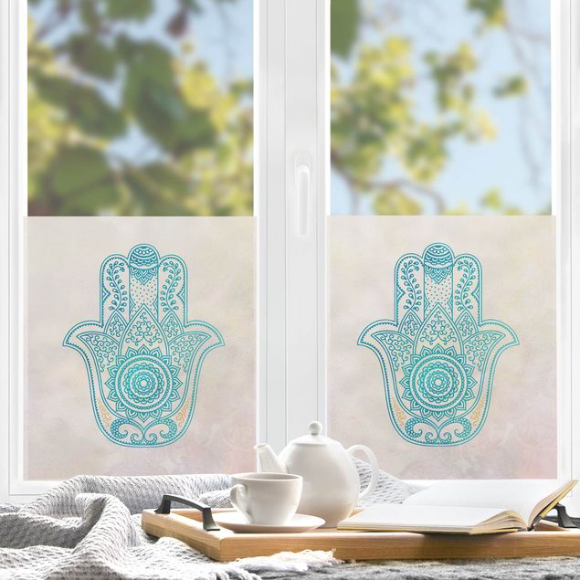 Fensterfolie - Sichtschutz - Hamsa Hand Illustration Mandala gold blau - Fensterbilder